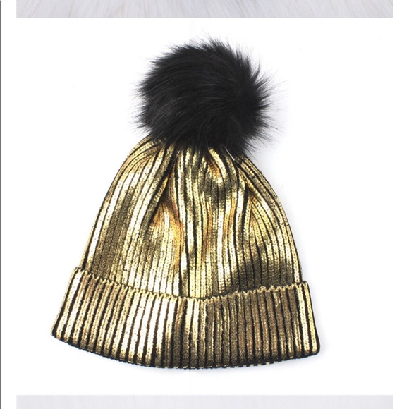 SALE! Gold Metallic Stripe Pom Pom Beanies - Picture 6 of 7